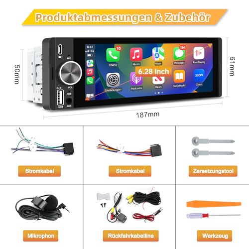 Autoradio mit Bildschirm, Single-DIN, Kabelloses CarPlay und Android Auto, 6,28-Zoll-Touchscreen mit Bluetooth, WLAN, MirrorLink, FM-Radio, Lenkradsteuerung, Equalizer, USB-C-Anschluss, Rückfahrkamera