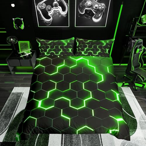 Homewish Geometric Duvet Cover Single Size,Teen Boys Green Black Neon Light Honeycomb Bedding Sets, Hexagon Comforter Modern Fashion Bedspread 1 Pillow Case Home Room Decor