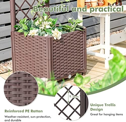 COSTWAY Garden Planter with Trellis, Weather-Resistant Trough Grow Box Flower Pot with Self-Watering Device and Drainage Holes, Indoor Outdoor Raised Bed for Climbing Plant Vegetable(40x40x135cm)