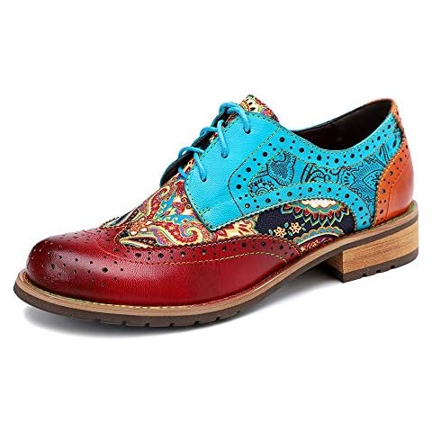 CrazycatZ Women's Leather Oxford Shoes Perforated Lace-up Wingtip Multicolor Leather Oxfords Vintage Oxford Shoes (Red and Blue, Numeric_6) Cover