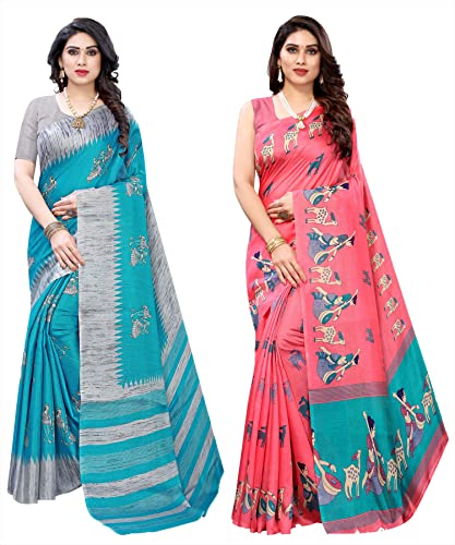 Image of Yashika Women's Combo Art Silk Printed Saree With Blouse Piece Pack Of 2(NAURTA BLUE-MAITHALI PINK)