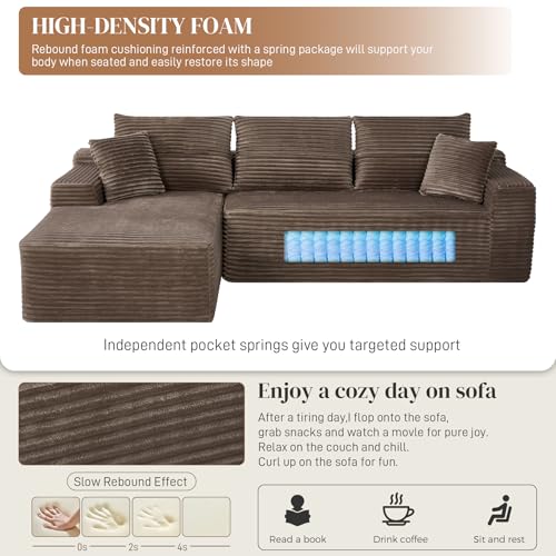 Image of 108 inch L Shaped Cloud Boneless Sectional Couches for Living Room, Modern Comfy Modular Deep Seat Memory Foam Compressed Corduroy Sofa Oversized Left Facing Chaise, No Assembly Required, Brown