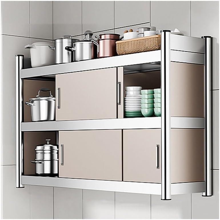 Stainless Steel Kitchen Wall Cabinet, Wall-Mount Storage Cabinet with Sliding Doors, Heavy Duty Cabinet Shelf for Commercial Bars Schools Garage(Gold,120x30x75cm)