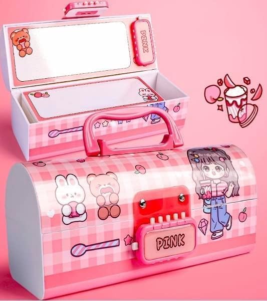 Image of WORSHIPER New Cartoon Theme Pencil Box with Push Pull Eraser Set for Kids | Suitcase Style Password Lock Stationery Organizer | School Supplies Gift Combo for Boys & Girls (Pink Beauty PBPB - NEW)