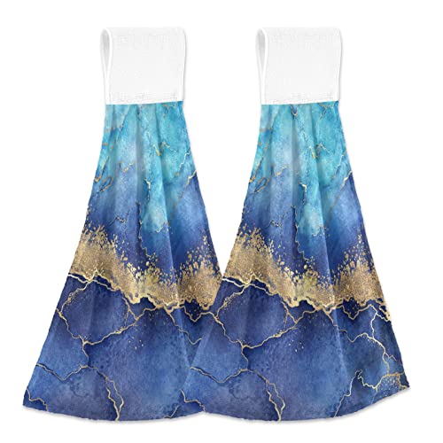 Bolaz Gold Blue Marble Abstract Painting Hanging Kitchen Towel Hand Towel 2 Pcs Absorbent Hanging Tie Towels For Bathroom Laundry Room Kitchen 12 X 17 Inches #TOP7