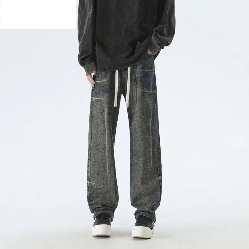 American Washed tie dye Jeans for Men,high Street Drawstring Loose Straight Leg Pants2