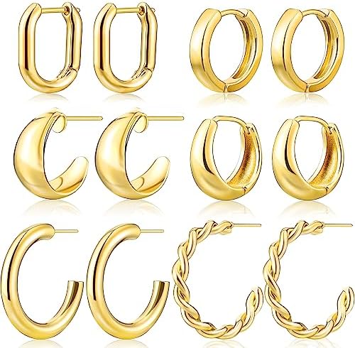 Gold Hoop Earrings Set for Women, 14K Gold Plated Hypoallergenic Lightweight Open Huggie Hoop Earrings(Gold)