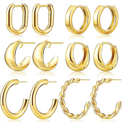 Gold Hoop Earrings Set For Women, 14K Gold Plated Hypoallergenic Lightweight Open Huggie Hoop Earrings(Gold) #TOP28