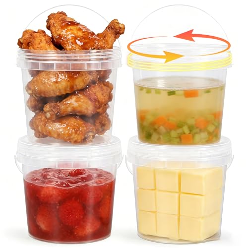 4 Pack 64oz Food Grade Plastic Buckets with Screw Lids & Handle, Reusable Storage Containers for Snacks, Salad, Sauce - Clear Freezer Safe Bucket Set