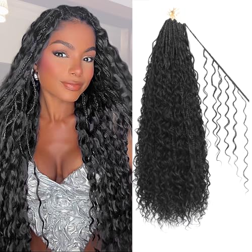 Boho Crochet Braids Human Hair Mixed 24 Inch Box Braids with Human Hair Mixed 6 Curls Bohemian Braids for Black Women (24 Inch, 1B)