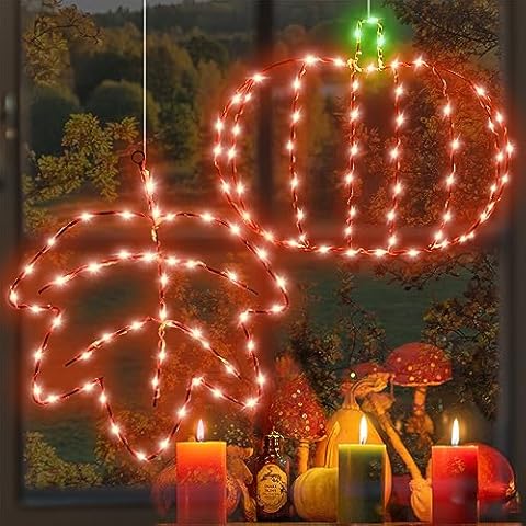 YAOZHOU Fall Lights Home Wall Decor, 2Pack Light up Pumpkin and Leaf, 8Mode Orange and Green Lights with Timer, Fall Farmhouse Thanksgiving Decorations for Room, Window,Bedroom Cover