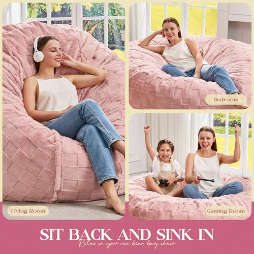 Image of Hobestluk Giant Bean Bag Chairs 6FT Oversized BeanBag Chair for Adult Jumbo | Memory Foam,Washable Cover,Unique Fluffy Plaid,Comfy Bean Bag Bed with Filler Gaming Reading Bedroom Living Room | Pink 6FT