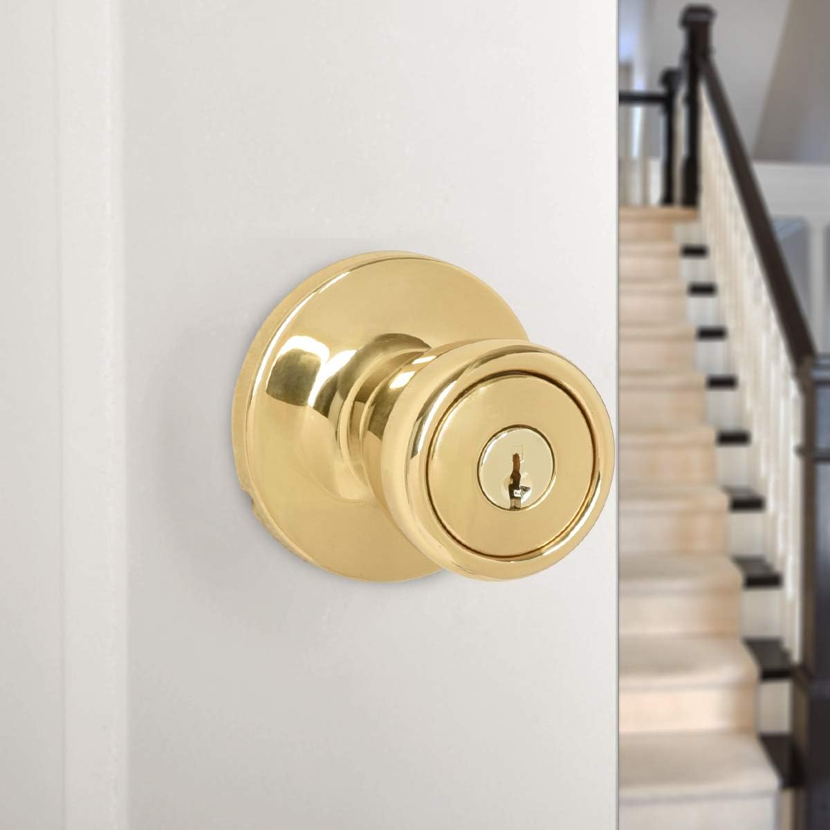 Amazon Basics Exterior Door Knob With Lock, Bell, Polished Brass