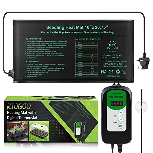RIOGOO Tapis chauffant pour semis 24 x 52 cm et contrôleur de thermostat numérique 20-42 °C IP68 étanche (tapis chauffé + contrôleur thermostat) Cover