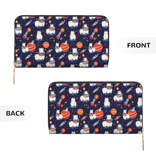 Cute Space Alpaca Print Wallet Women Men, Long PU Leather Wallets for Women, Cute Womens Travel Wallet Purse Pouch with Zipper Pocket2
