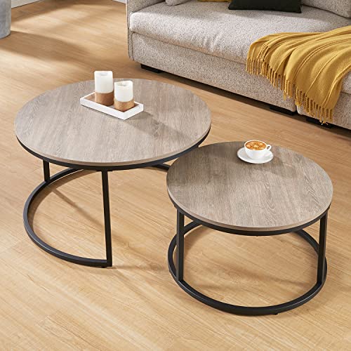 Censi Grey Oak Round Nesting Coffee Table For Living Room, 31.5" Modern Industrial Wood And Metal Coffee Table Set Of 2(French Oak) #TOP3