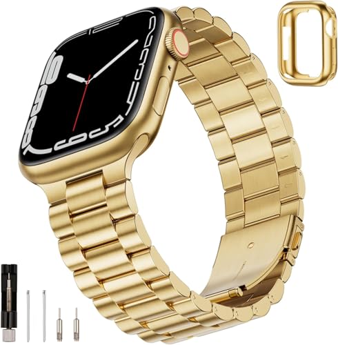 HUANLONG Compatible Apple Watch Bands 49mm 46mm 45mm 44mm 42mm 41mm 40mm 38mm, Stainless Steel iWatch Band with Case for Apple Watch Ultra2 Ultra Series 10 9 8 7 6 5 4 3 2 1 SE SE2, 46mm(Series 10) Gold