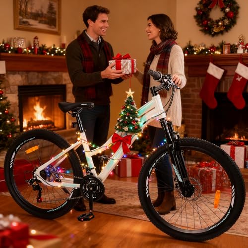 SmiloSprk Mountain Bike, 26 inch Outdoor Cycling Bike,21-Speed/High-Carbon Steel/Dual Full Suspension, Adjustable Ergonomic Seat for Women Adult, White Logo+White