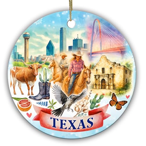 Sportyzen Texas State Christmas Ornament – Lone Star State Decor with Cowboy, Longhorn, Alamo & Dallas Skyline – Western for Texans, Families & Travelers