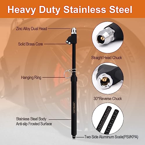 Image of SAFELIFE Heavy Duty Tire Pressure Gauge, Straight-on Dual Head Air Pressure Gauge, 10-150PSI 100-1000KPa Tire Air Gauge, Non-Slip Handle and Extended Tube for Semi Truck Car RV Van