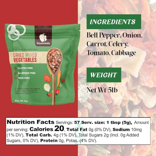 Image of Gourmanity Dehydrated Mixed Vegetables for Soup and Emergency Food, 5lb | Bulk 5lb bag for meal prep and emergency food storage. Onion, carrot, celery, tomato, bell pepper, cabbage. Non-GMO