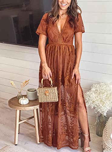 Eleter Women's Romper Dress for Wedding Guest Boho Maxi Floral Lace Wedding Dress Flowy Bridesmaid Beach Bridal Shower Dress(2XL,Burnt Orange) - Thumbnail 6