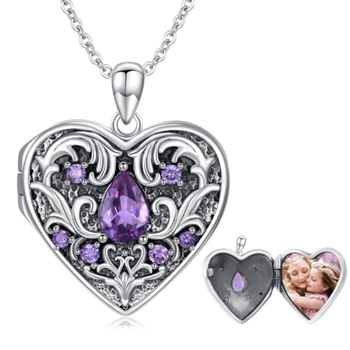 Natural Gemstone Heart Locket Necklace for Women 925 Sterling Silver Locket Necklace That Holds Pictures Photo Custom Lockets Jewelry Personalized Genuine Amethyst Locket Gifts