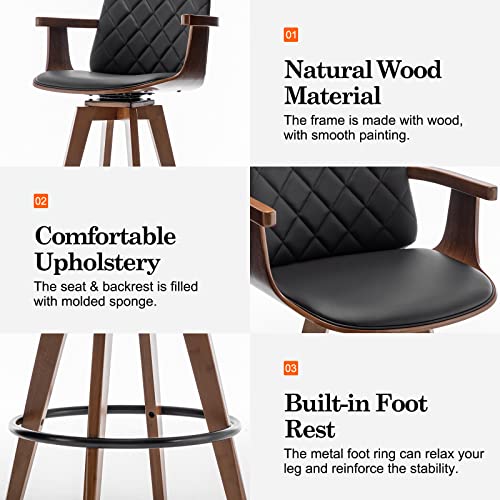 Wupoto Bar Stools Set Of 2, Upholstered Faux Leather Counter Height Bar Stools, Swivel Barstools With Wooden Arms And Legs, 25.6-Inch Seat Height(Black, Pack Of 2) #TOP2