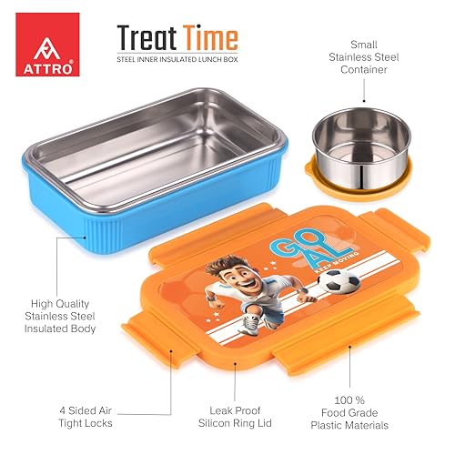 Image of ATTRO Treat Time Stainless Steel Insulated Lunch Box with Inner Steel Body, Airtight 4-Side Lock Lid, Leakproof Silicone Seal, Small Container-560ml+150ml-Football Champ Blue