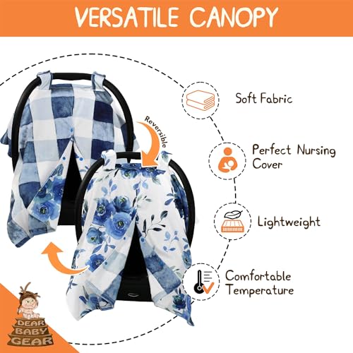 Image of Dear Baby Gear Floral Baby Car Seat Canopy with Snap Button Opening - Newborn & Toddler Carseat Cover - Nursing Covers - Infant Chair Essentials (Watercolor Roses /Blue Watercolor Plaid, 40 inch x 30 inch)