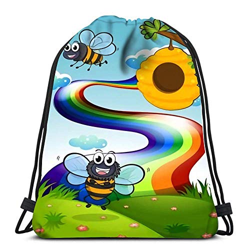 JONINOT Mochila Bolsa con cordón Colina con Abejas y Colmena Cerca del arcoíris Mujeres