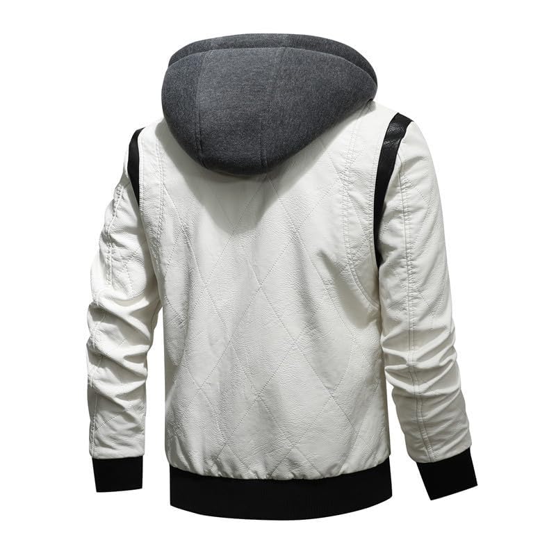 Image of Men's Faux Leather Jacket Zip-Up Winter Motorcycle Jacket Bomer Casual Windproof Coat with Removable Hood