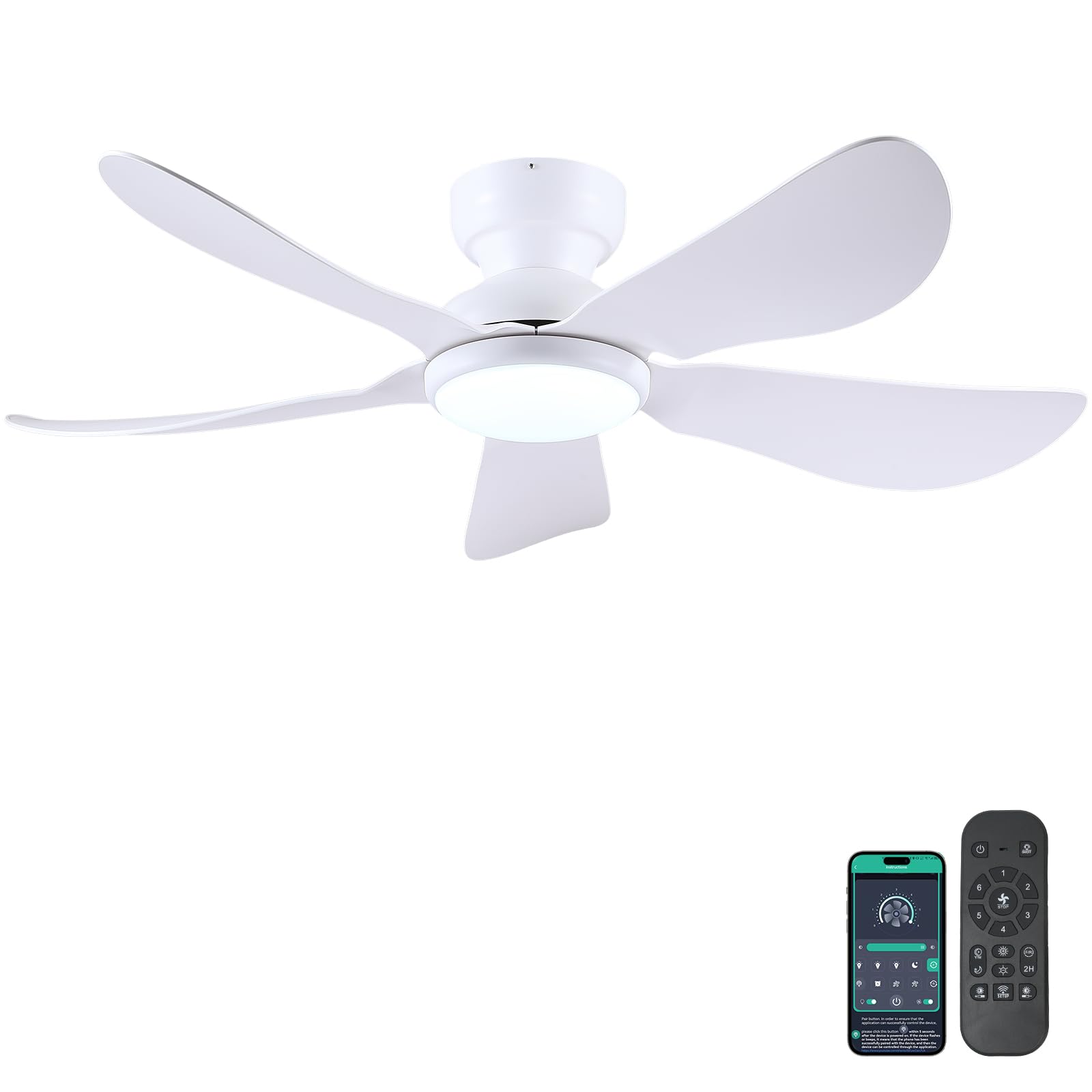 Kviflon 46 Inch Modern Ceiling Fans with Lights, Flush Mount Ceiling Fan with Light and Remote/APP Control, 5 Reversible 6 Speeds Curved Blades, 3 CCT Dimmable Lights for Bedroom, White