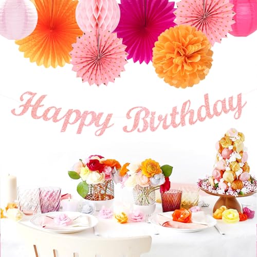 Image of Hot-Pink Orange Fall Birthday Party-Decorations - 21pcs Autumn Women Peach Happy Banner,Girls Groovy Paper Streamers Lanterns Honeycomb,Tissue Flowers Pom Poms Fan, Boho Garland Room Decor