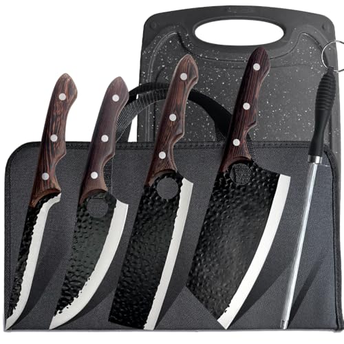 6 Stücke Kochmesser Set Mit Tasche, Küchenmesser, Wetzstahl,Schneidebrett, Handgeschmiedet Chefmesser, Perfekt zum Schneiden Messer, Serbisches, Hackmesser Scharf Messer für Zuhause Camping