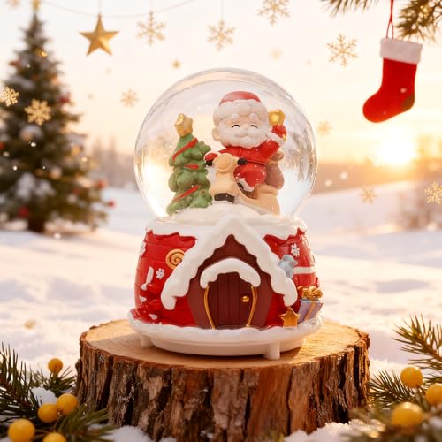 Albero di Natale in vetro, sfera di neve, decorazione natalizia con neve e lanterna musicale, Babbo Natale, palle di neve, regalo di Natale, decorazione da tavolo, 13,5 x 8 cm, Ø 8 cm