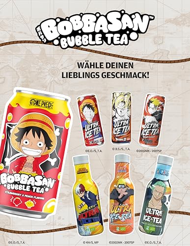 BOBBASAN One Piece Bubble Tea Erdbeere & Pfirsich – Offiziell lizenziert – Erfrischender Bubble‑Tea mit Tapioka-Perlen - im Luffy Design – 1 x 320 ml