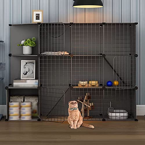 猫ケージ 屋内用 大型、猫ケージキャリア、サイドシェルフ付き猫用囲い、ペット用プレイペン、小動物用猫用プレイペン、猫の巣 + 猫用ハンモック + 猫用トイレ + 猫用B付き(Black-147x39x109cm)
