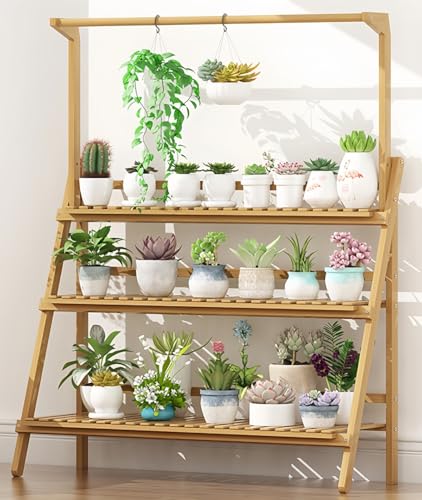 miluFox植木鉢ラックフラワーラック鉢植えハンギングガーデニングガーデン収納屋外屋内バルコニー竹 (げんしょく,3階の長さは100 cmです。)