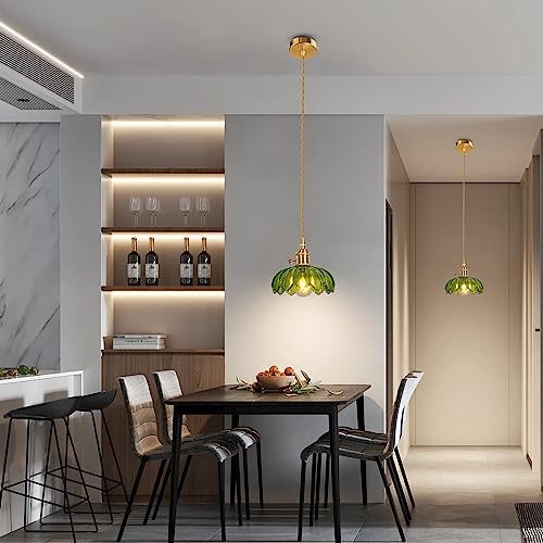 Shenmoyl 1-Light Pendant Light Green Glass Hanging Light,E26/E27 Drop Ceiling Light Fixture Lamp For Farmhouse Kitchen Island Bedroom 7.87 Inch Diam W/Retro Scindapsus Lampshade Pattern Lampshade #TOP6