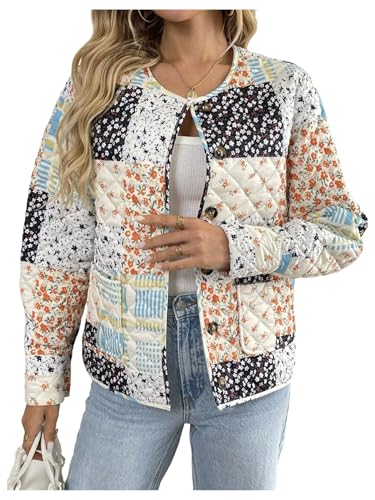 Milumia Women's Patchwork Jacket Quilted Floral Button Down Long Sleeve Going Out Jackets Multicolor...