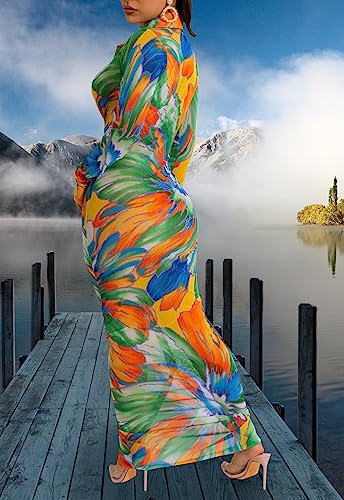 Women's Sexy Summer Sheer Mesh Dresses Button Down Long Sleeve See Through Swimwear Maxi Dress4