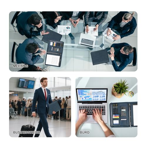 Leathario Schreibmappe A4 mit Reißverschlussmit DIN A4，Konferenzmappe mit 5er Register，Dokumentenmappe mit 4 Ringbuch，Griff，Klemmbrett, Ordner für Meeting Business,Mappe für Schule Uni