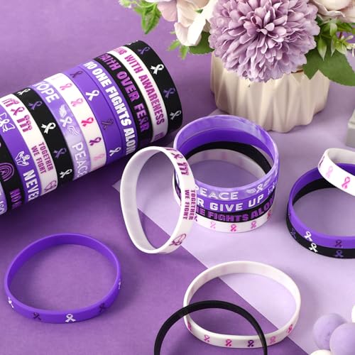 Image of JUNEBRUSHS 64pcs Purple Ribbon Awareness Silicone Bracelets Party Supplies