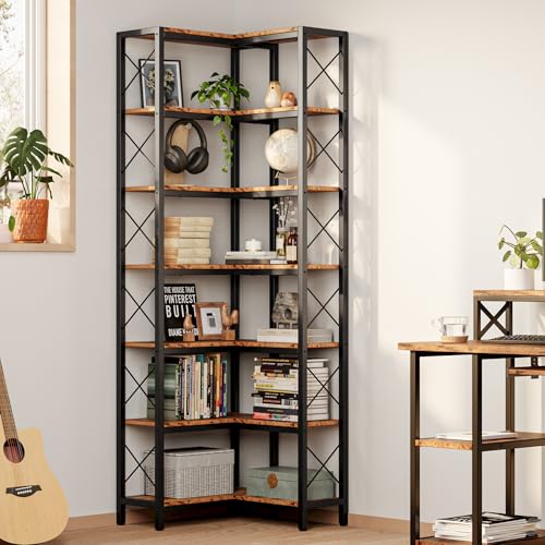 IRONCK Corner Bookshelf, 7-Tier Industrial Corner Bookcase, Tall Corner Shelf Storage Display Rack with Metal Frame for Living Room Home Office, Vintage Brown
