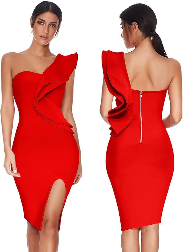 Image of One Shoulder Ruffle Dress Side Split Bodycon Bandage Dress Wedding Guest Dress