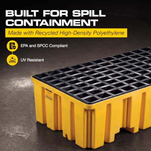 Image of Eagle 2 Drum Spill Containment Pallet with Forklift Pockets, 51.5 inchx26.25 inchx13.75 inch, 66 Gallon Sump, 4,000 lbs. Load Capacity Secondary Containment Pallet, Made in USA, Yellow, 1620