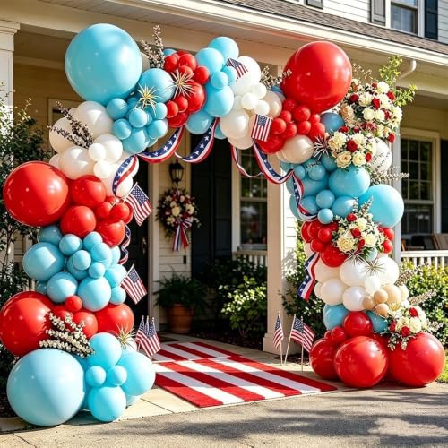 Image of Blue Red White Balloon Arch Kit, Double Stuffed Different Size Dusty Light Blue Red Cream White Beige Latex Balloons for Patriotic Birthday Baby Shower 4th of July Nautical Baseball Party Decor