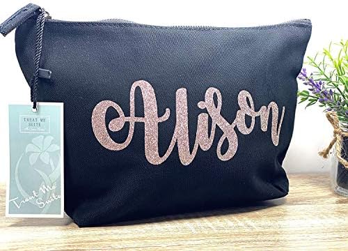 Personalised Name Make up Bag Accessory Wash In Black or Natural Colour with a choice of glitter prints
