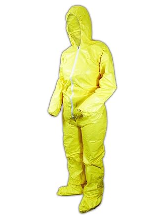 بدلة عمل مقاومة للمواد الكيميائية من DuPont Tychem 2000 للاستخدام مرة واحدة مع أساور مرنة وغطاء للرأس وجوارب ودرزات مسننة، باللون الأصفر، مقاس كبير جدًا، عبوة من 12 قطعة